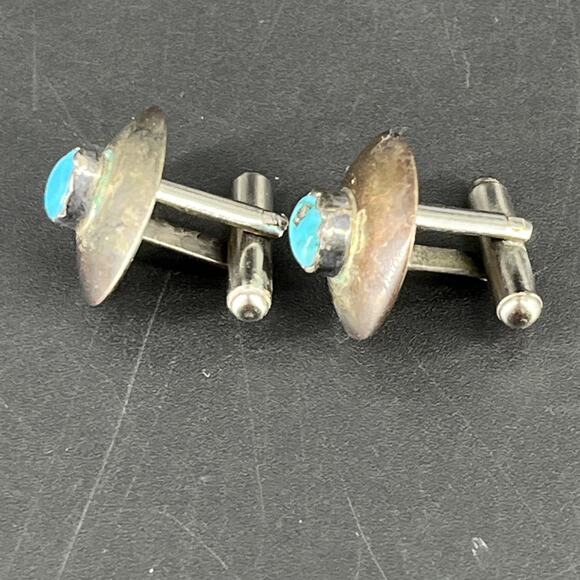 Vintage Sterling Silver & Turquoise Southwest Style Round Cufflinks Cuff Links - Picture 7 of 10